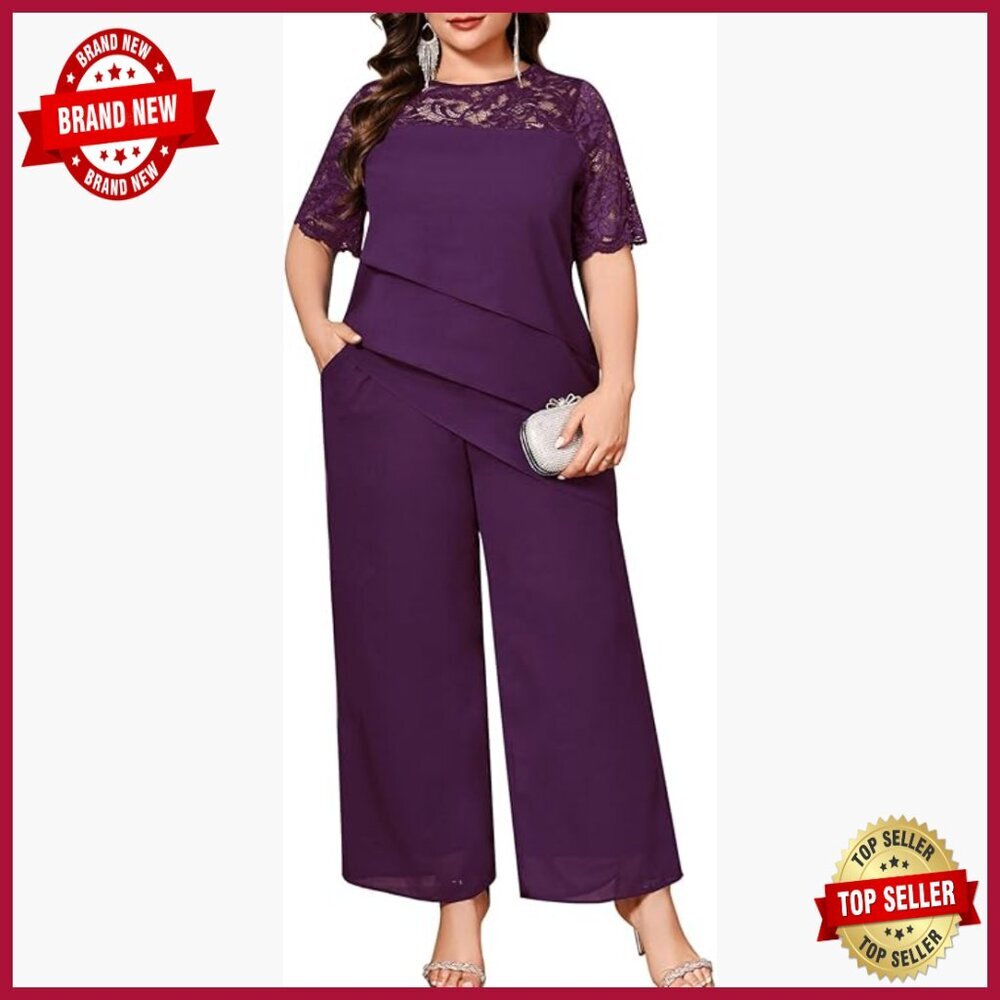 Plus Size Lace Chiffon Pant Suit Formal Wedding Guest Outfit